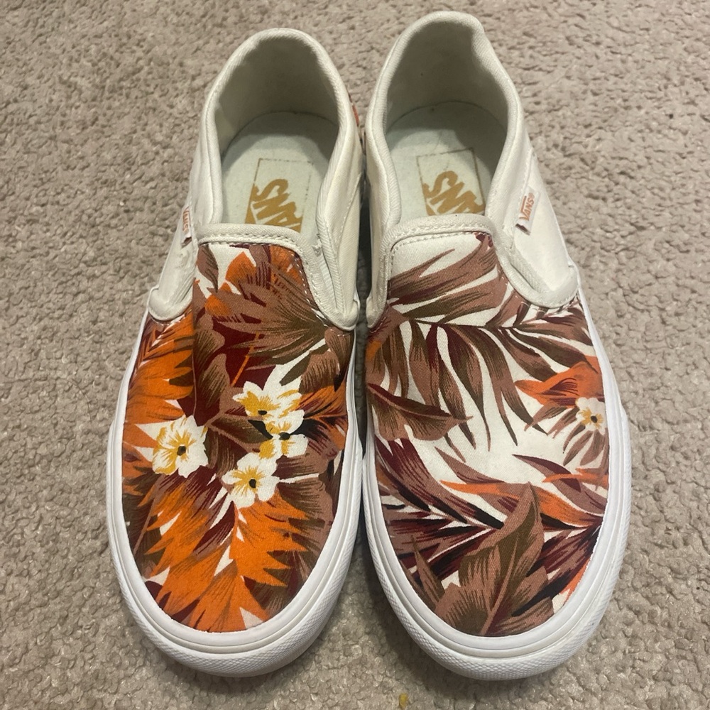 Vans Orange and Brown Floral Slip-On Sneakers